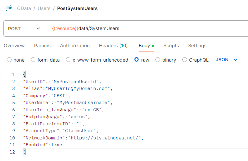 PostSystemUser body in Postman